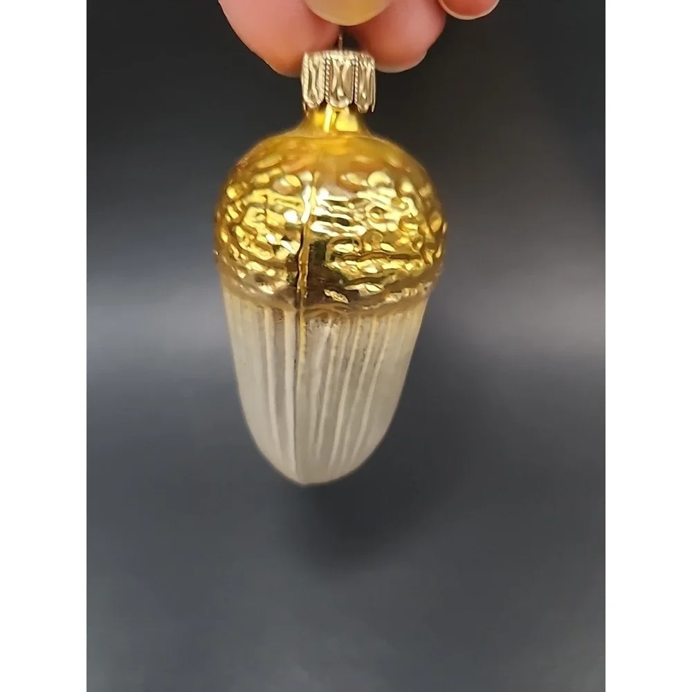 Vintage Acorn Goldtoned Textured‎ Hand Blown Glass German Christmas Ornament